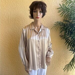 Appleseed’s gold silk look blouse with black stripes.